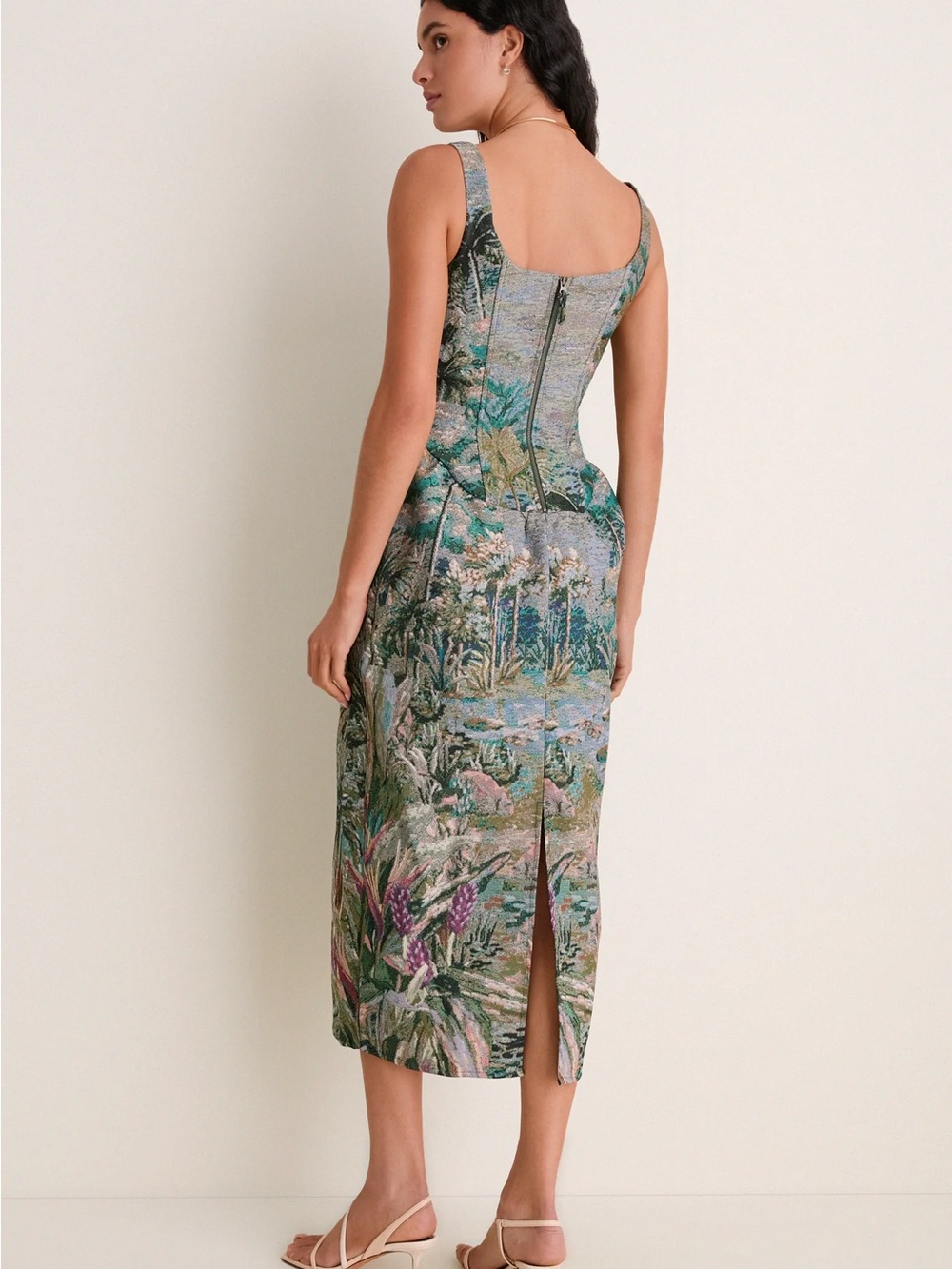 Farm Rio Petricor Floral Tapestry Square-Neck Midi Dress in Multicolor - Picture 6 of 7